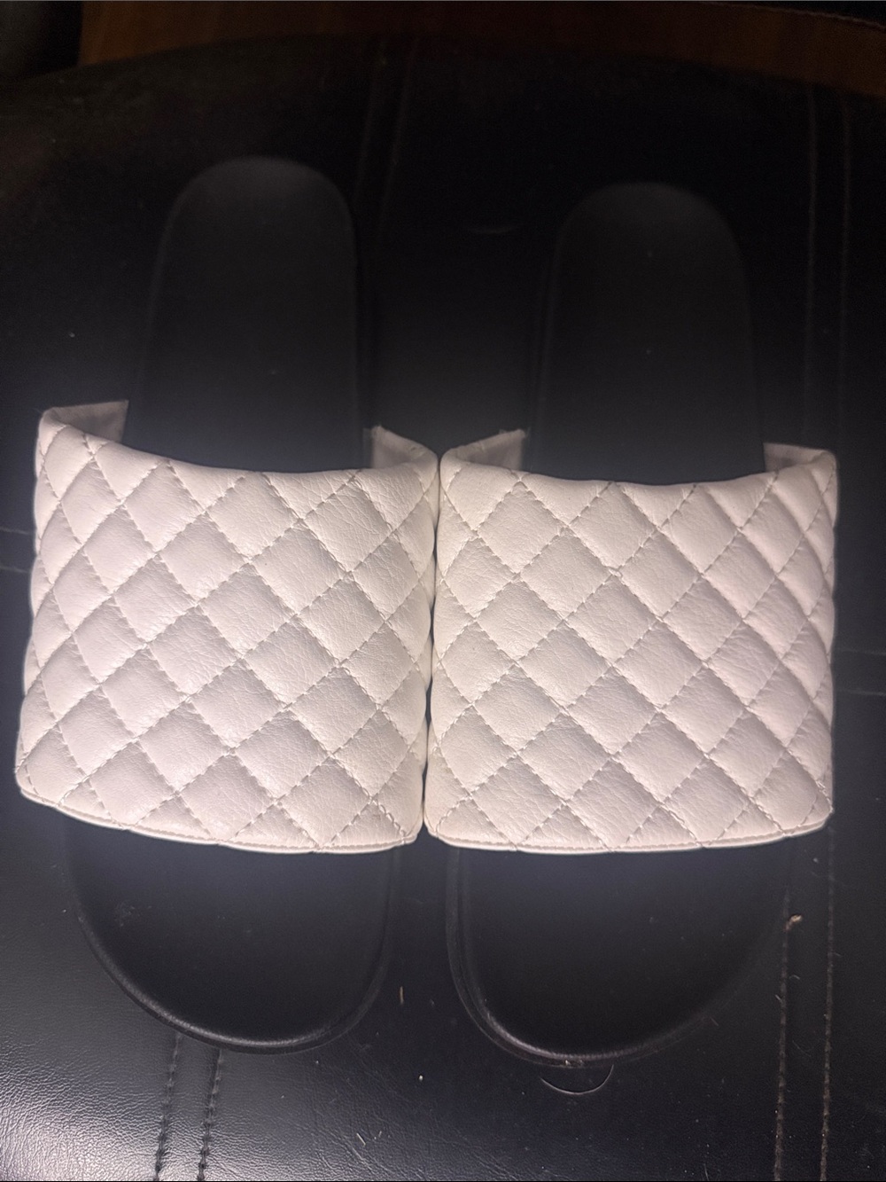 mercer & madison White Quilted Slide Sandals with Black Footbed
